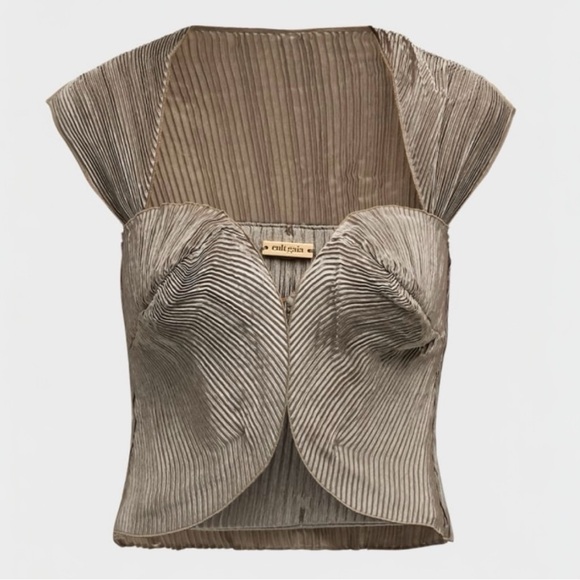 Cult Gaia Milli Satin Structured Pleated Sweetheart Neckline Scalloped Crop Top - Picture 12 of 15